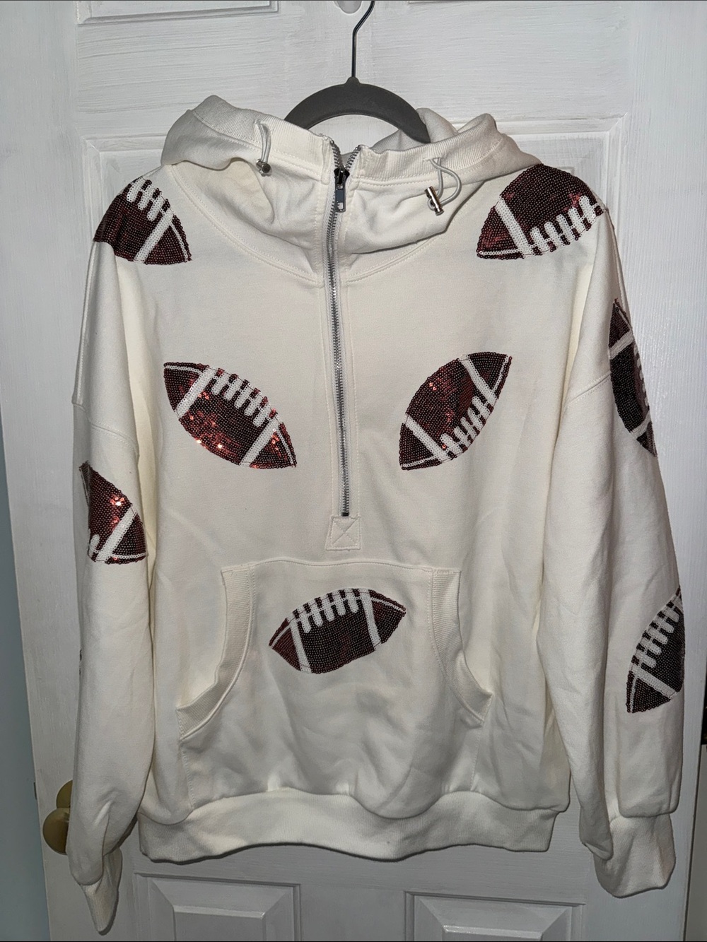 White Half-Zip Hoodie with Sequin Footballs